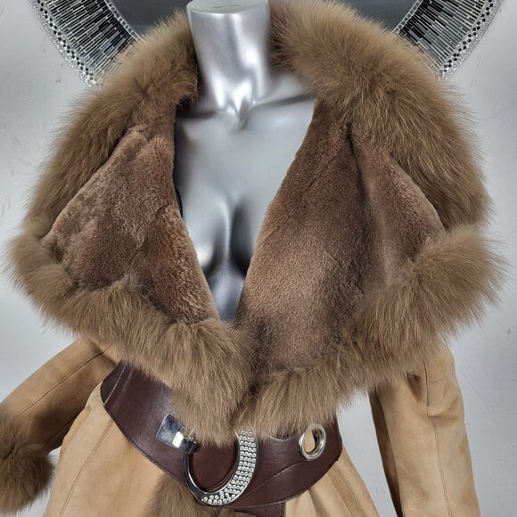 LUOLAIMA~S/M~BROWN GENUINE SHEARLING REAL FOX FUR SUEDE LEATHER COAT JACKET - Picture 2 of 16